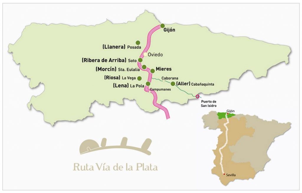 Mapa de la Ruta Vía de la Plata a su paso por Asturias.