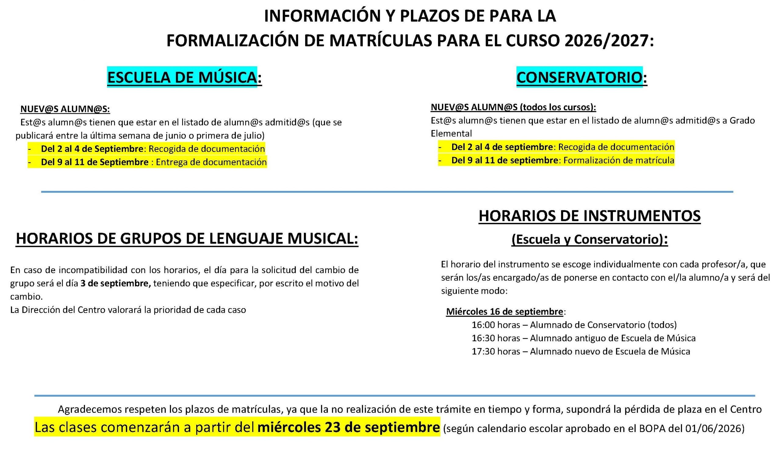 INFORMACION FECHAS CURSO 26 27 CONSER Y ESCUELA SEPTIEMBRE INFORMACION FECHAS CURSO 26 27 CONSER Y ESCUELA SEPTIEMBRE